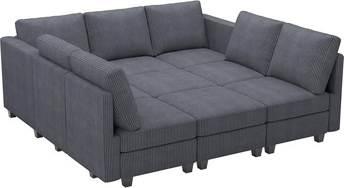 Belffin Corduroy Modular Sectional Sofa 9 Seat Convertible Sectional Sleeper Sofa Bed with Storage Ottomans Modular Sectional Couch Bed for Living Room Dark Grey