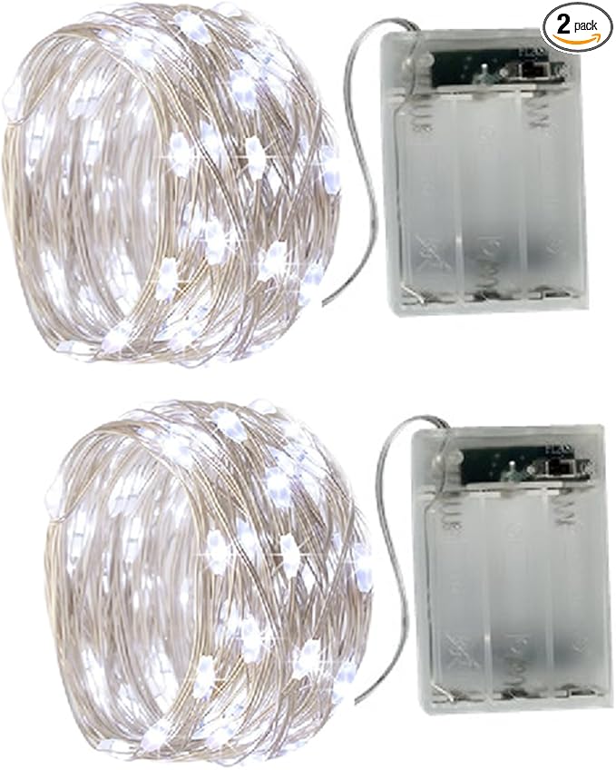 2 x20LEDs Fairy Lights Battery Operated, Silver Wire 2 Mode Chains String Lights for Bedroom Christmas Party Decoration (Cool White, 6.6)