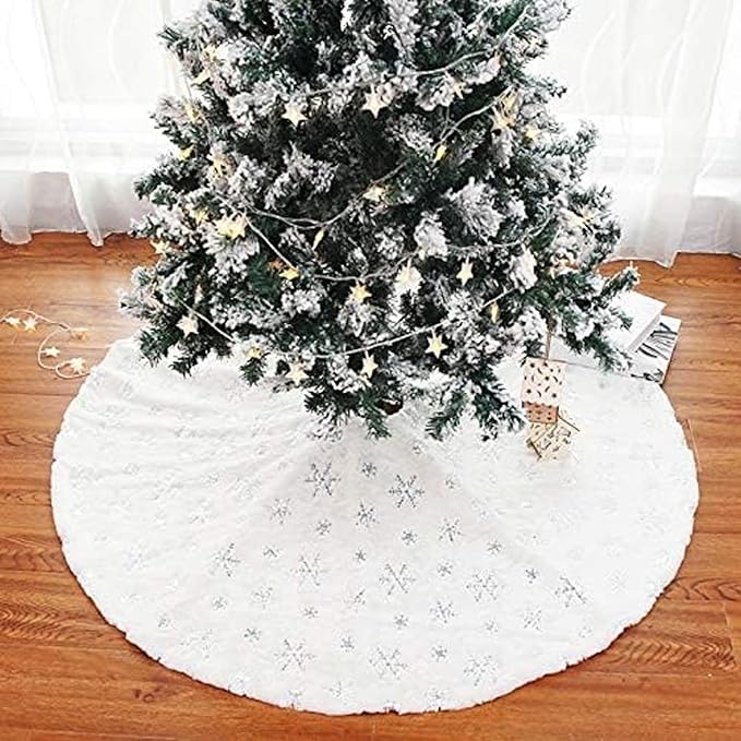 36inch White Christmas Tree Skirt Tree Carpet Blanket, Soft 3ft Xmas Christmas Tree Blanket with Silver Snowflake White Faux Fur Carpet for Christmas Holidays Decoration Party