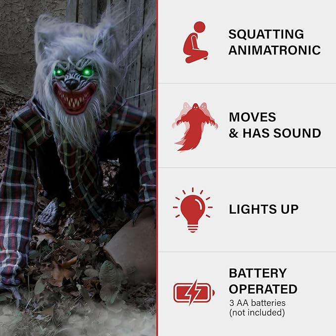 Haunted Hill Farm Squatting Werewolf Animatronic with Movement,Sounds,and Light-Up Eyes for Scary Halloween Decoration,24 x 18 x 30