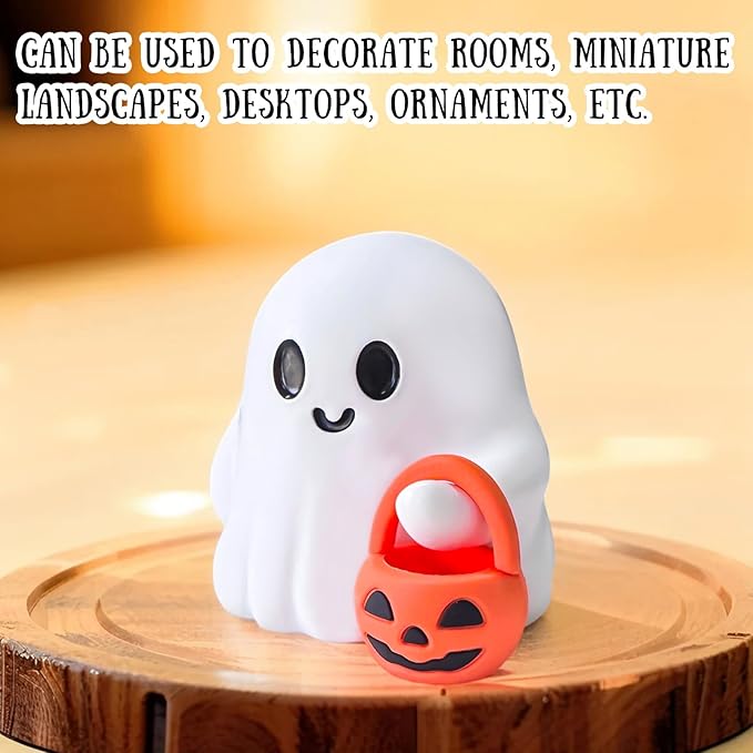 2 Pcs Halloween Ghost Figurine Cartoon Cute Spooky Carrying Pumpkin Basket Desk Display Ornament Tiny Trick or Treat Ghost Resin Halloween Statue for Home and Office Tabletop Decor Supplies