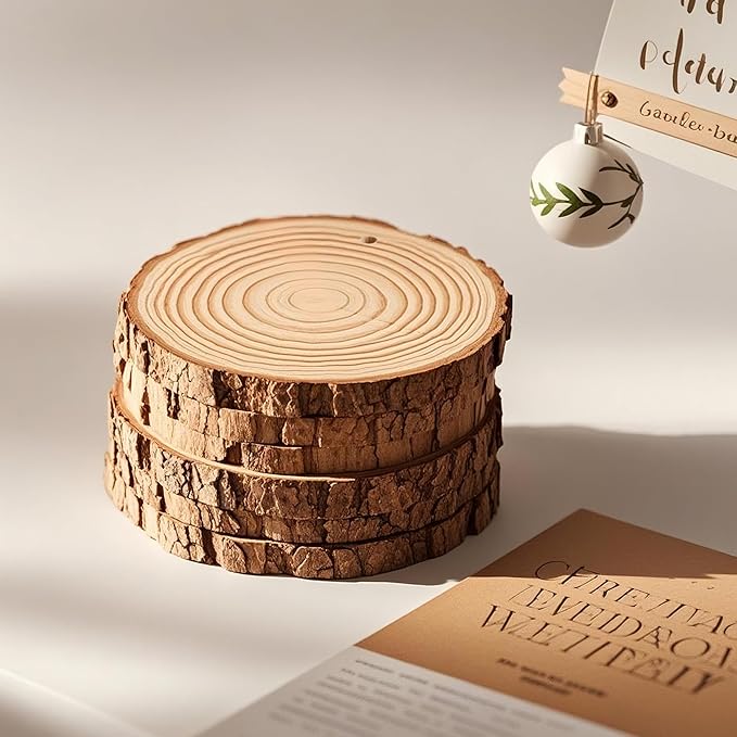 20PCS Pre-Drilled Wood Slices with Holes, 3.2-4 Inch Natural Pine Discs & 8M Hemp Rope, Sanded Smooth DIY Crafts Kit for Christmas Ornaments, Rustic Wedding Decor, Kids Art (20pcs)