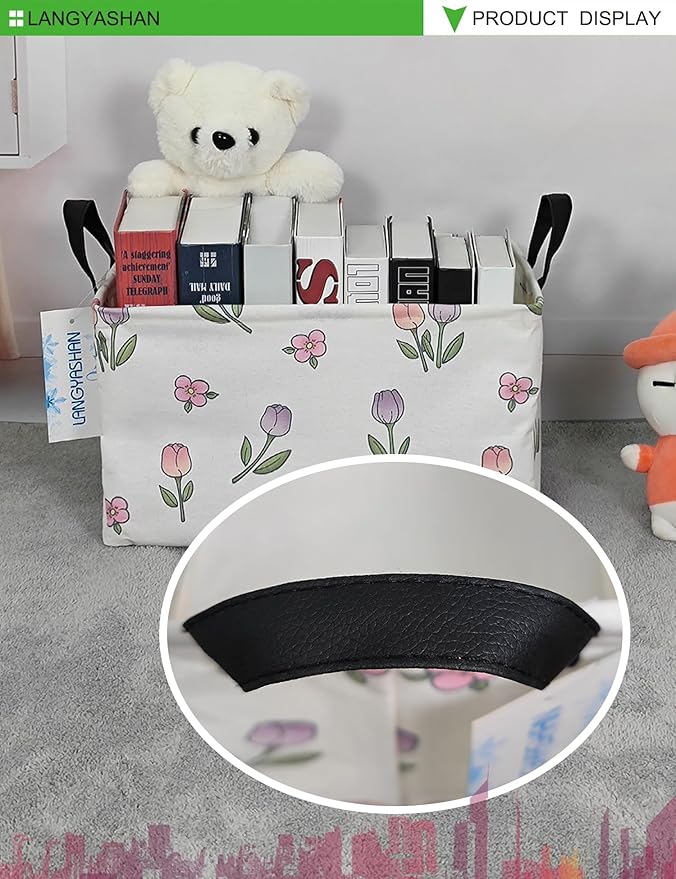 LANGYASHAN Rectangular Storage Bin Collapse Canvas Fabric Cartoon Storage Basket with Handles for Organizing Home Kitchen Boys and Girls Toys Office Closet Shelf Baskets (Rec Romantic Tulip)