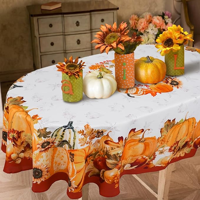 Fall Tablecloth Orange Pumpkin Table Cloth 60"x120", Waterproof Fall Table Cover for Fall Harvest Party Decoration