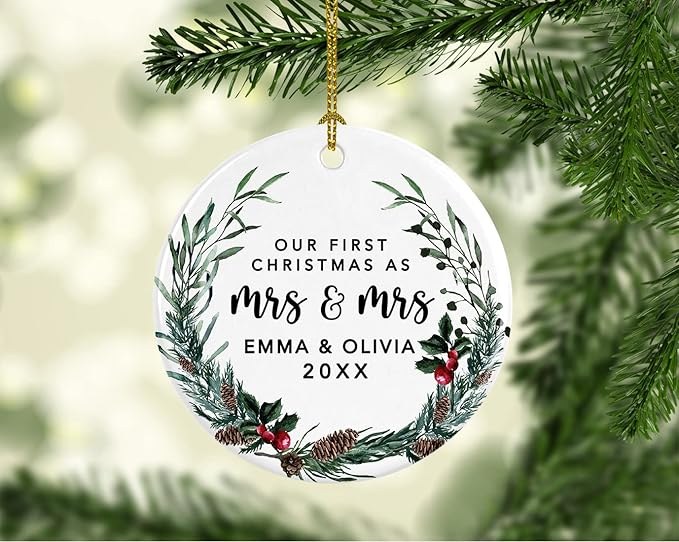 Andaz Press Personalized Our First Christmas As Mrs. & Mrs. 2025 Christmas Ornaments Holly & Pinecone Wreath 2.8" Round Porcelain Ceramic Lesbian Married Couple Gay Women Wedding Keepsake 1-Pack