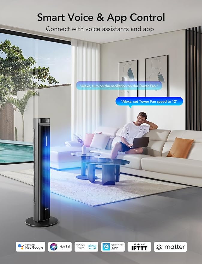 GoveeLife 42'' Tower Fan for Bedroom, Smart Floor Fans with 150° Adjustable Oscillating, APP & Voice Control, 5 Modes 12 Speeds up to 26ft/s, 24H Timer, 27dB Quiet Fan for Cooling Home Office Silver