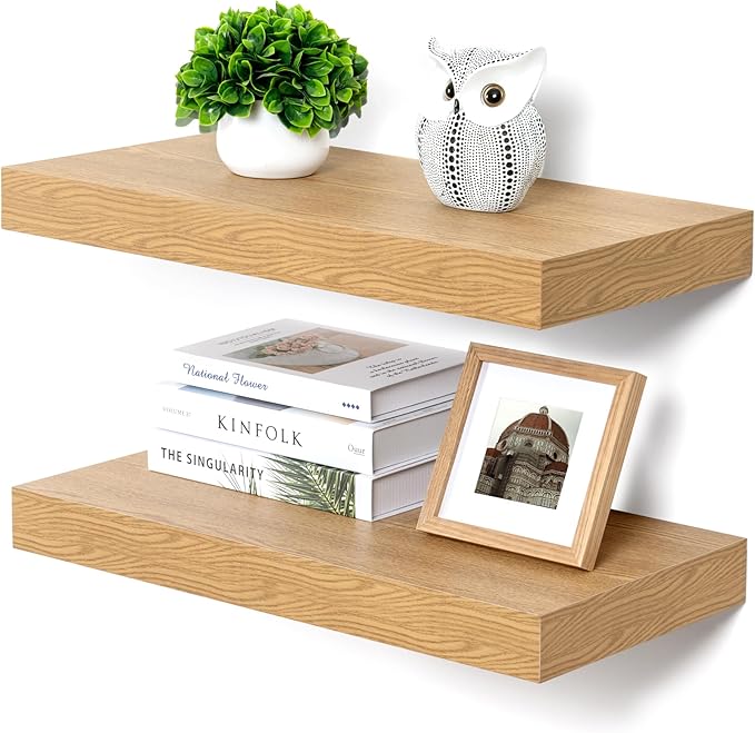 Deep Floating Shelves, 12 Inch Deep Rustic Floating Shelves Set of 2, 24 Inch Large Oak Wood Wall Mounted Shelves for Books Living Room Laundry Room Bedroom Kitchen Home Office - Oak