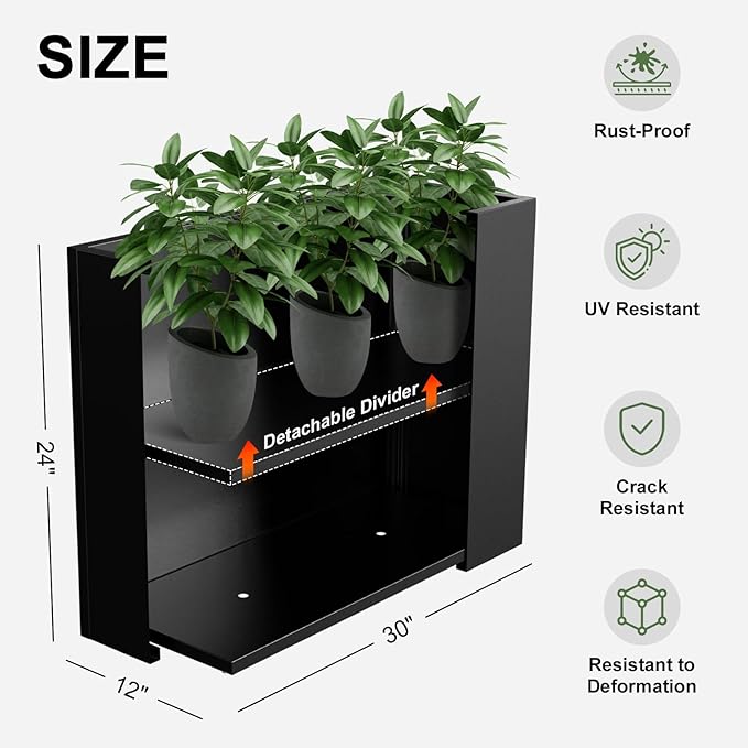 Metal Planter Box, Outdoor Heavy Duty Metal Garden Planter Spliced Flower Pot with Partitions, All-Weather Use with Drainage Holes for Patio/Porch-30 x 24" x 12"