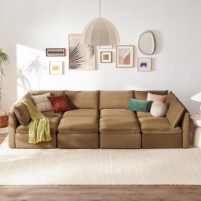 mopio Oversized Modular Sectional Sofa with Fully Removable Covers and Storage, Convertible U, L-Shaped and Sleeper Sectional, Modern Couches with Ottoman Chaise (Hazelnut Velvet, 8 Seats, Sleeper)