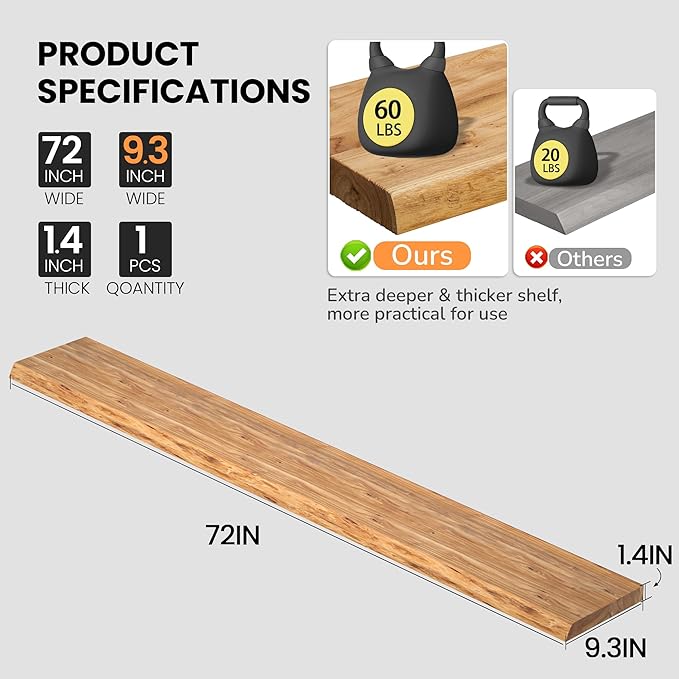 Floating Shelves for Wall, 72"x9.3" Rustic Solid Live-Edge Elm Wood Wall Shelves, Heavy-Duty Floating Shelves with Invisible Brackets for Living Room, Bedroom, and Kitchen, Natural Finish