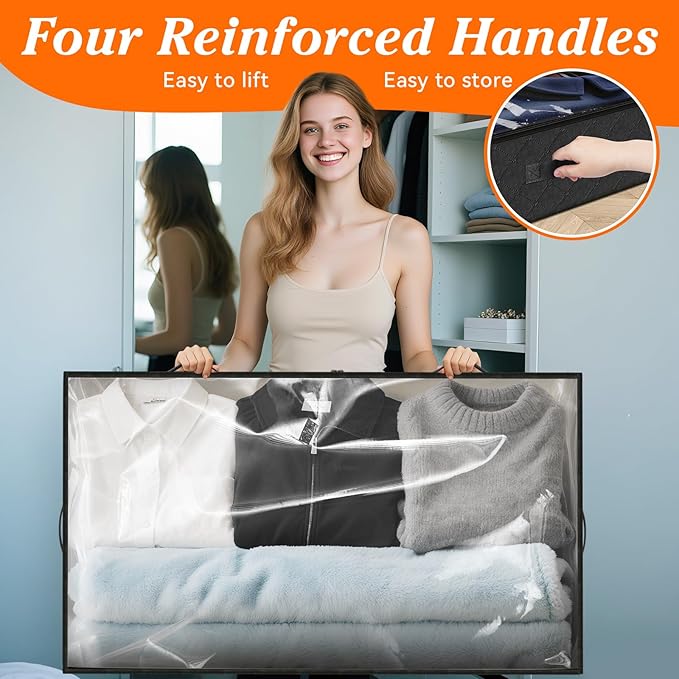 SpaceWhisper 90L Under Bed Storage Containers, 8-Pack Storage Bins with Clear Top, Foldable Closet Organizers and Storage with Label Holder for Clothing, Blankets, Comforter & Pillows(Black)