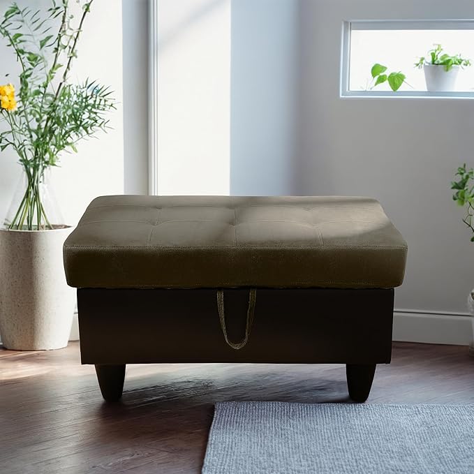 Ottoman Rectangular Storage Ottoman Bench, Flannel Footrest Stool Footstool with Lid for Living Room, Bedroom, Entryway, Taupe&Black, 35"x23.5"x17.5"
