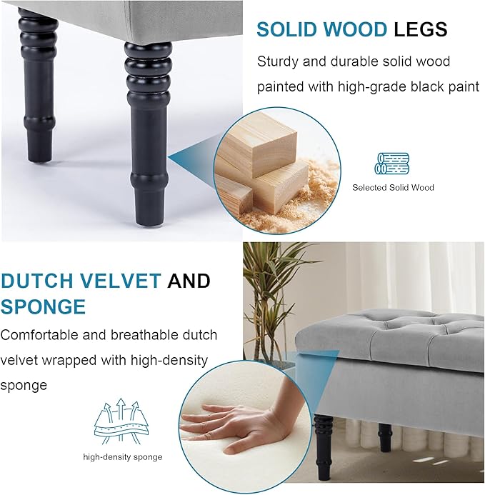 Ottoman with Storage Velvet Storage Bench Holds Up to 500 lbs Ottomans Upholstered Bench with Seating for Bedroom, Living Room, Grey