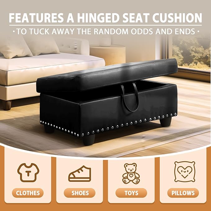 Ottoman Rectangular Storage Ottoman Bench, Faux Leather Footrest, Coffee Table, Stool Footstool with Hinged Lid for Living Room, Bedroom, Entryway, Black, 28.5"x19"x17.5"