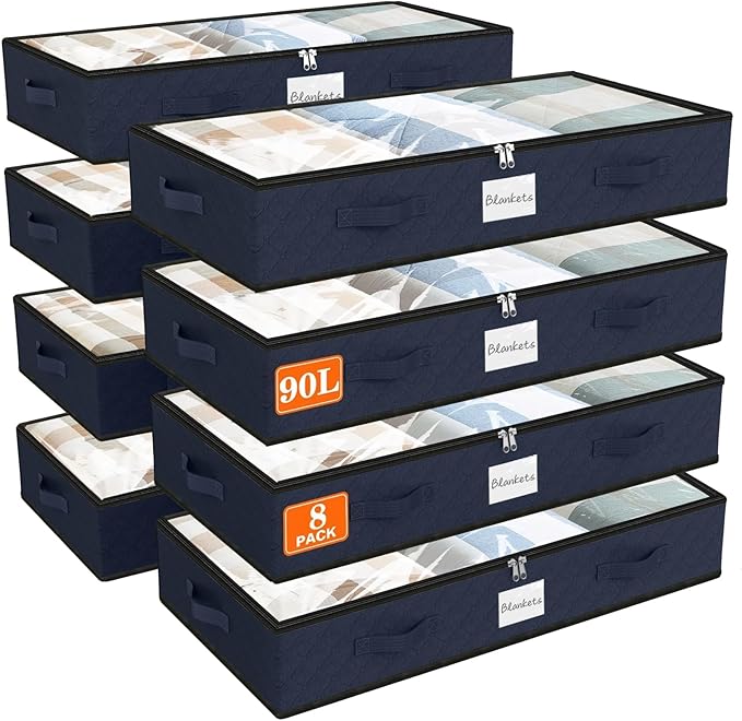 SpaceWhisper 90L Under Bed Storage Containers, 8-Pack Storage Bins with Clear Top, Foldable Closet Organizers and Storage with Label Holder for Clothing, Blankets, Comforter & Pillows(Blue)