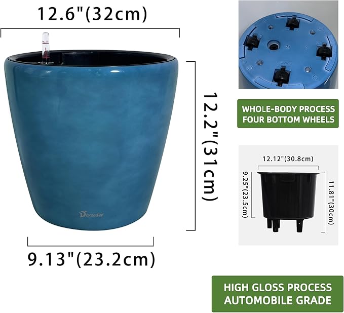 Dexceder 13x12 Self Watering Planter with Wheels Indoor Outdoor, Inner Pot Design, Thickened Large Floor Standing Flower Plant Pot with Water Level Indicator (Peacock Blue Gradient)