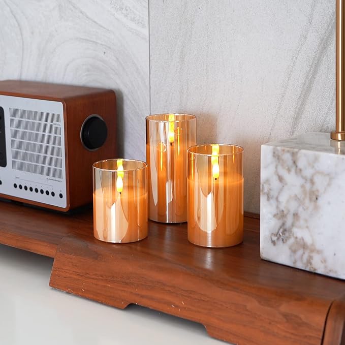 Amagic Gold Glass Flameless Candles Battery Operated with Timer, Remote Control, Flickering LED Fake Pillar Candles for Fall Decoration, Christmas Thanksgiving Decor, Amber, Set of 3