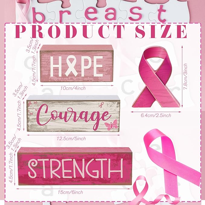4 Pcs Breast Cancer Awareness Table Decor Pink Ribbon Wooden Sign Breast Cancer Tiered Tray Decor Decorative Pink Ribbon Blocks Sign Gifts for Home Kitchen Party Decoration