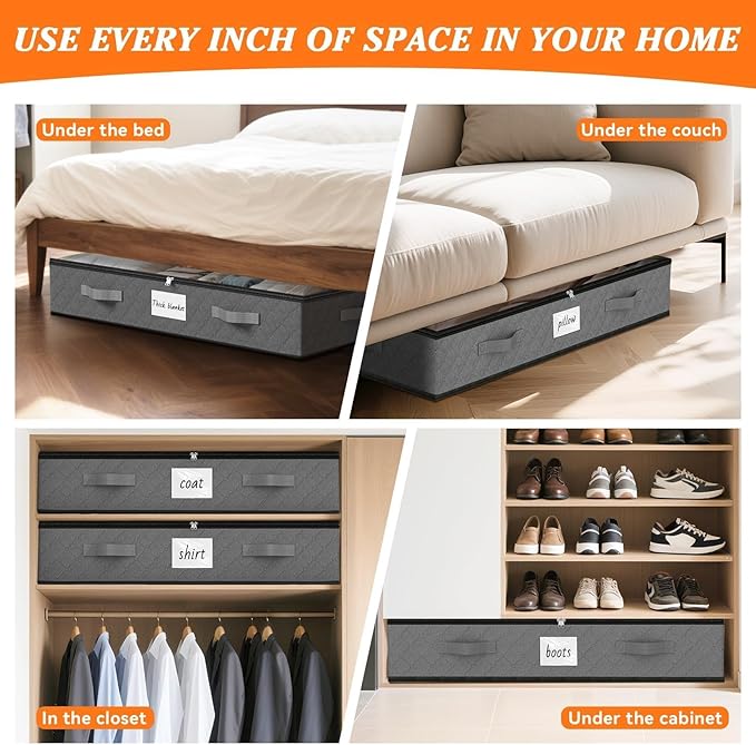 SpaceWhisper 90L Under Bed Storage Containers, 6-Pack Storage Bins with Clear Top, Foldable Closet Organizers and Storage with Label Holder for Clothing, Blankets, Comforter & Pillows (Grey)