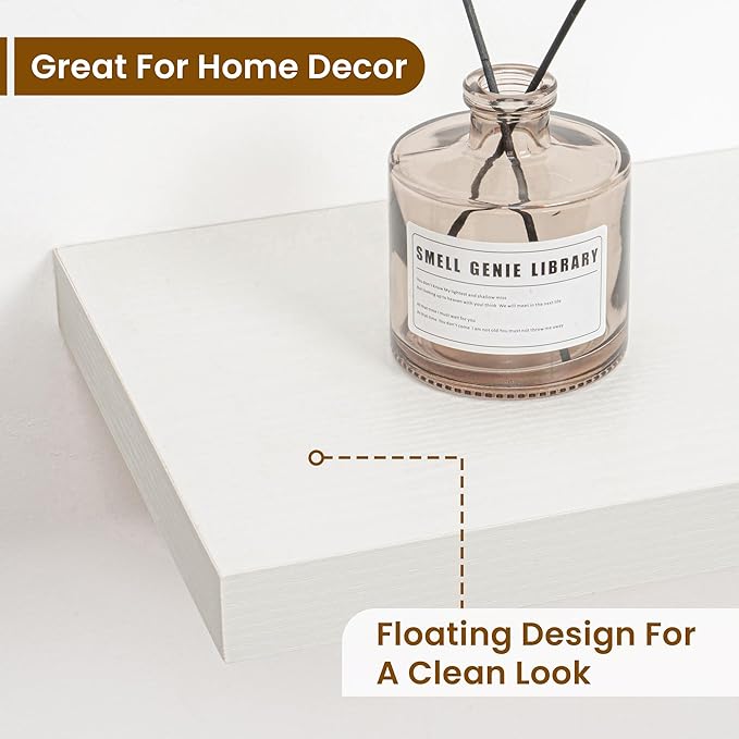 Fun Memories 40" Rustic Wood Floating Shelves with Invisible Brackets for Storage & Decor, Deep Wall Mounted Shelves for Bathroom, Kitchen, Living Room (White, Set of 2)