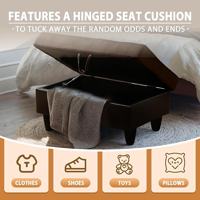 Ottoman Rectangular Storage Ottoman Bench, Flannel Footrest Stool Footstool with Lid for Living Room, Bedroom, Entryway, Dark Brown&Black, 35"x23.5"x17.5"