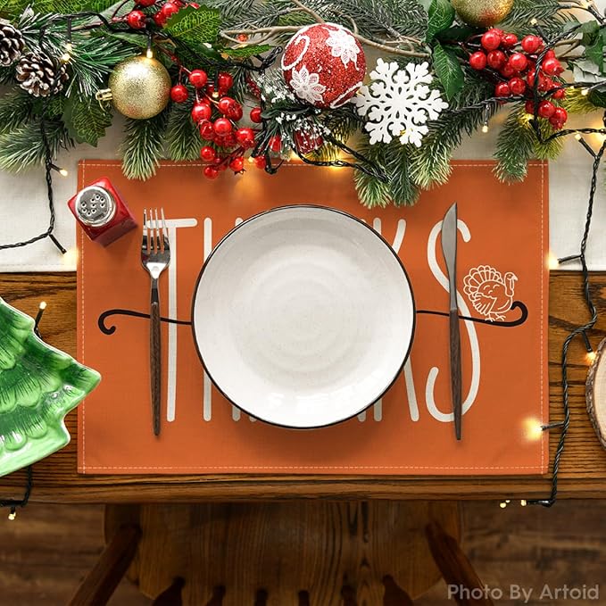 Artoid Mode Pumpkins Give Thanks Turkey Fall Placemats Set of 6, 12x18 Inch Pumpkin Pie Thanksgiving Table Mats for Party Kitchen Dining Decoration