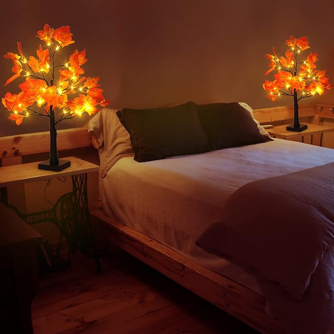 2 Pack Fall Lighted Maple Tree 48 LED Lights Thanksgiving Decoration Artificial Tree Lights 20 inch Battery or USB Powered DIY Table Light for Desktop Autumn Harvest Party Indoor Decor