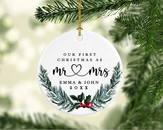 Andaz Press Personalized Our First Christmas As Mr. & Mrs. Christmas Ornaments Holly & Pine Wreath 2.8" Round Porcelain Ceramic Custom 1St Year Married Christmas Ornament 2024 for Newlyweds 1-Pack