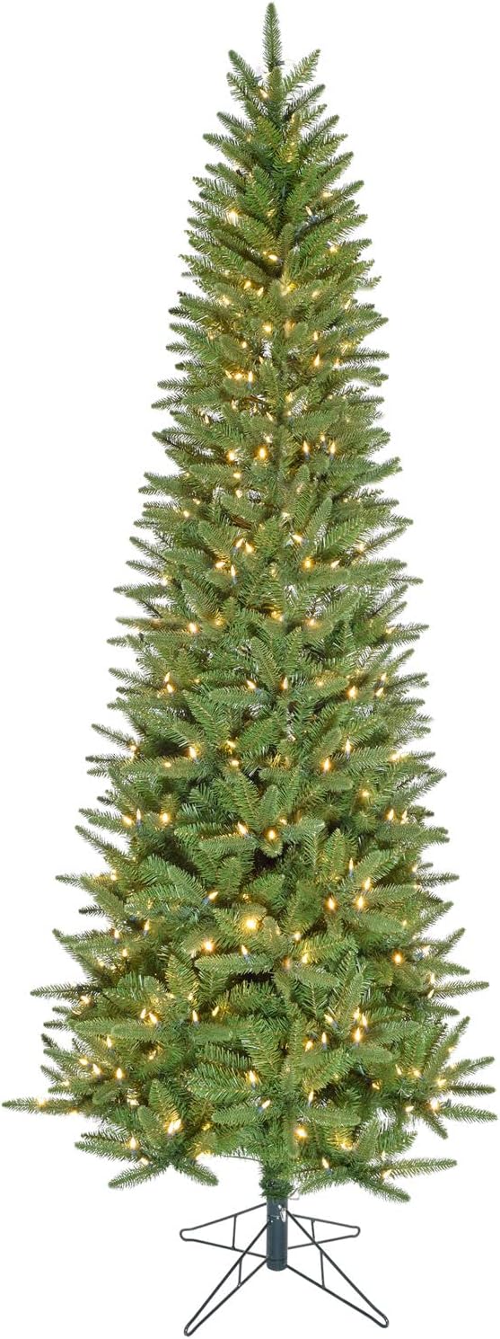 Fraser Hill Farm 9-Ft. Winter Falls Artificial Christmas Tree with Warm White LED Lights and Metal Base, Slim Holiday Tree with 8 Unique Light Functions, Perfect for Small Spaces and Apartments
