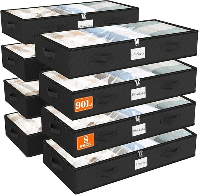 SpaceWhisper 90L Under Bed Storage Containers, 8-Pack Storage Bins with Clear Top, Foldable Closet Organizers and Storage with Label Holder for Clothing, Blankets, Comforter & Pillows(Black)