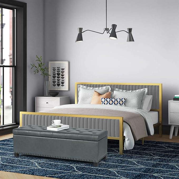 Joveco 47 Inch Storage Ottoman Bench,Tufted Fabric Storage Bench with Nailhead Trim for Bedroom (47”,Gray)