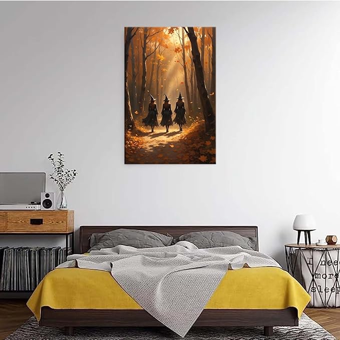 Three witches walking in the forest in autumn canvas painting gothic poster halloween print country witch wall art for home decoration8x12in Wood Framed