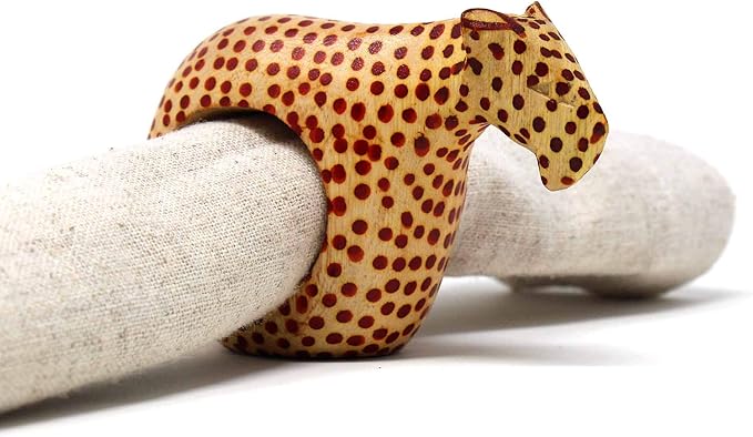 Handcarved Mahogany Wooden Napkin Ring Holders, Cheetah, Set of 6 (KWF012_C)