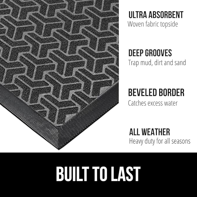 GORILLA GRIP 100% Waterproof All-Season WeatherMax Doormat, US Designed Natural Rubber, Stain and Fade Resistant, Low Profile Indoor Outdoor Door Mats, Easy Clean Patio Mat, 17x29, Slate Geometric