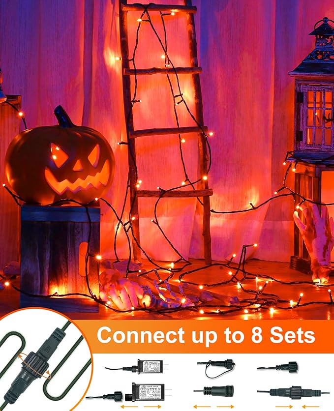 Halloween Lights Outdoor 40FT 120 LED, Green Wire String Lights for Outside Waterproof, 8 Modes Connectable Twinkle Tree Light for Indoor Bedroom Yard Party Holiday Decorations, Orange