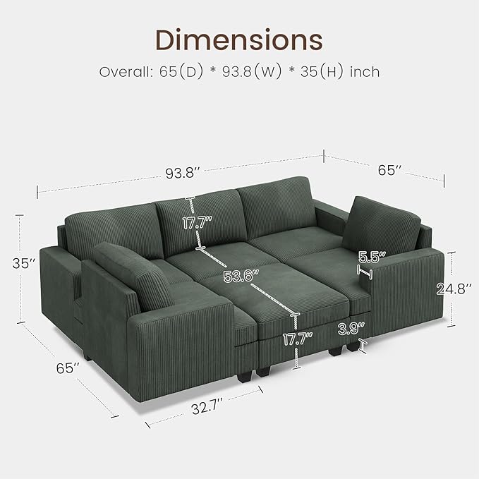 Nolany Modular Sectional Couch with Storage Ottoman, Corduroy Sleeper Sectional Sofa with Chaise, Sectional Couches for Living Room, Green