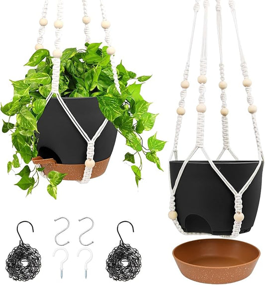 Hanging Planters for Indoor Outdoor Plants, 2 Pack Self Watering Hanging Pots, Hanging Plant Baskets with Drainage Holes & 2 Types of Plant Hangers (Black, 6'')