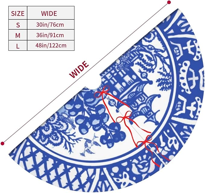48" Large Christmas Tree Skirt Blue Oriental Rabbit Whimsical Pattern Tree Mat Base Cover for Xmas Festive Holiday Party Decoration Ornaments