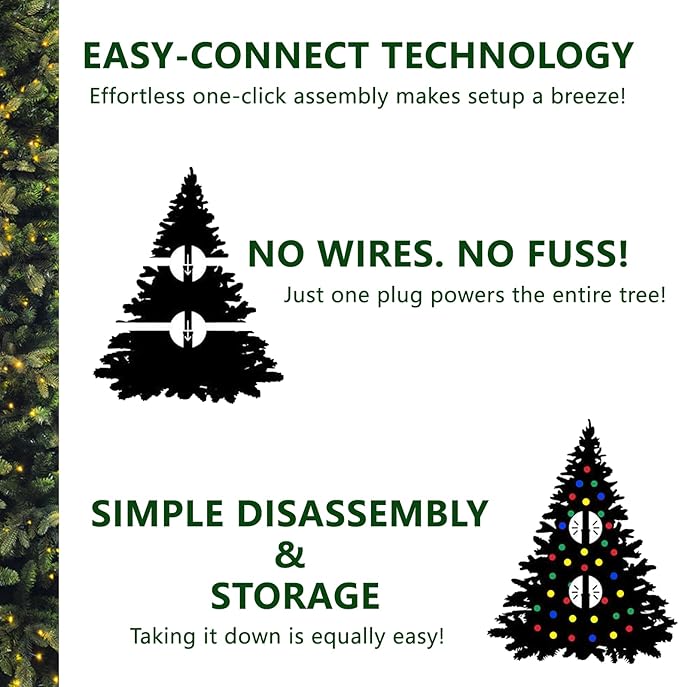 7.5ft Pre-lit Artificial Christmas Tree with 798 Warm White & Multi-Color LED Lights, 1900 Branch Tips, 3-Minute Quick Power Connect Pencil Xmas Tree for Holiday Decoration Home and Party