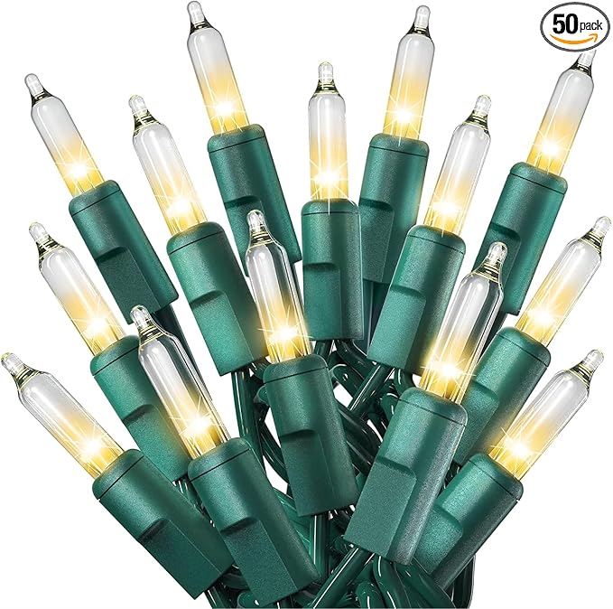 PREXTEX 50 Count Clear Christmas Tree Lights - 10 ft Warm Fairy String Lights with Green Wire - Indoor and Outdoor Mini Light for Christmas, Holiday Decorations, Trees, Fences, Patios and More