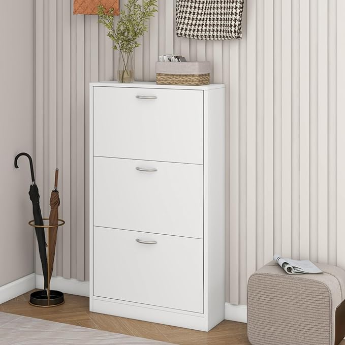 Shoe Storage Cabinet with 3 Flip Drawers, Narrow Shoe Cabinet Freestanding Slim Shoe Storage Organizer for Entryway, Hallway, Entrance, Bedroom, Living Room, White