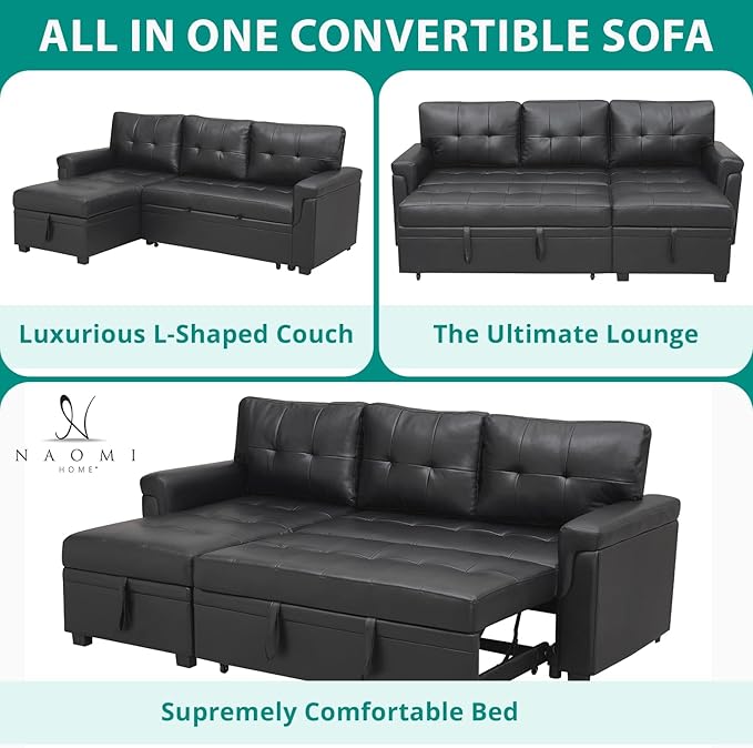 Naomi Home Modern Sectional Sofa with Storage Chaise Black/Air Leather