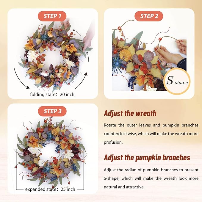 Fall Wreaths for Front Door Outside 24 Inch Autumn Wreath with Pumpkins, Silk Leaves & Purple Flowers Autumn Wreaths for Front Door, Halloween Wreath Decoration, Thanksgiving Decor