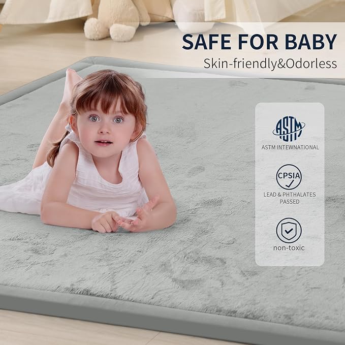 ACOMOPACK Baby Play Mat for Floor 1.3" Thick Memory Foam Play Mat 39"×59" Tummy Time Crawling with Non-Slip Bottom for Living Room,Nursery,Soft Velvet Playpen Mats for Kids,Infants（Light Grey）
