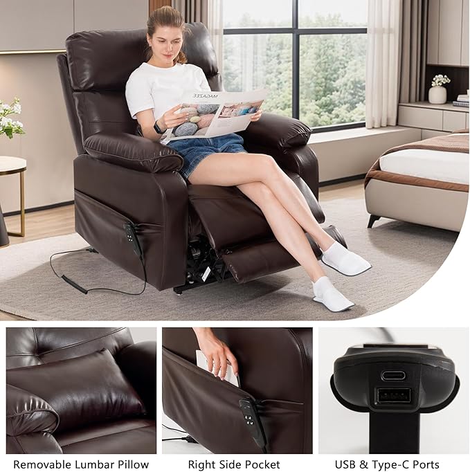 Dual Motor Power Lift Recliner Chair for Adult & Elderly, Infinite Position Lay Flat Lift Chair with Heat & Massage, Cup Holder, Lumbar Pillow, Wireless Charger, USB Ports, Leather (Brown)