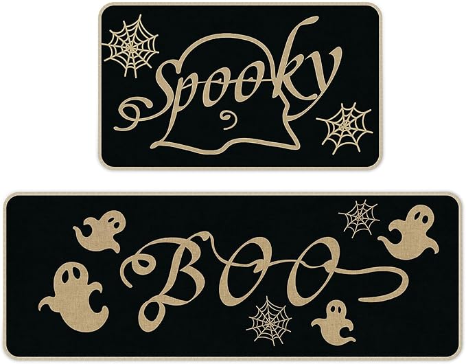 Halloween Kitchen Mat Set of 2, Spooky Spider Web Ghosts Boo Halloween Decor, Halloween Rug for Floor, Indoor Home Decor with Non-Slip Backing,17 x 29 Inch & 17 x 47 Inch