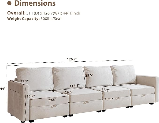 mestyl Modular Sectional Sofa Convertible Sofa Couch Set with Storage for Living Room, Modern 4 Seater Modular Sectional Couch (Beige)