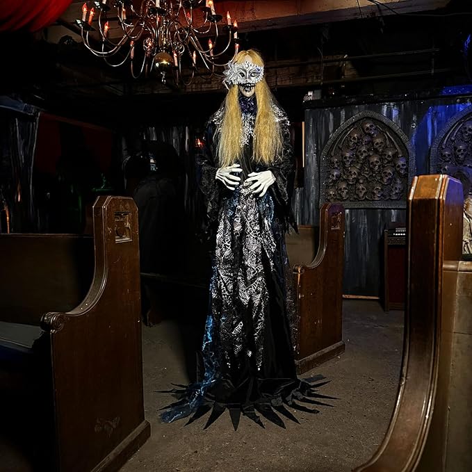Haunted Hill Farm 5.5-Ft Animatronic Animated Standing Masquerade Lady, Halloween Animatronic, Spooky Venetian Masquerade Prop, Creepy House Party Decoration, Touch-Activated Lights & Sound, Life-Size