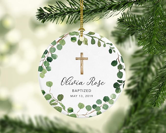 Andaz Press Personalized Baptism Ornament 2025, Round Ceramic Porcelain Baptism Christmas Ornament, Olivia Rose Carter Baptized May 1, 2025, Farmhouse Eucalyptus Wreath, 1-Pack Custom