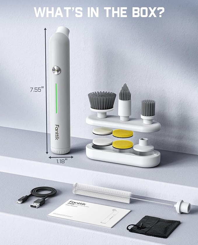 Fanttik G9 Nano Electric Spin Scrubber, Cordless Power Grout Brush, Type-C Fast Charging with LED Power Display, IPX7 Waterproof, 8 Replaceable Heads for Cleaning Grout, Corners, Crevices - White
